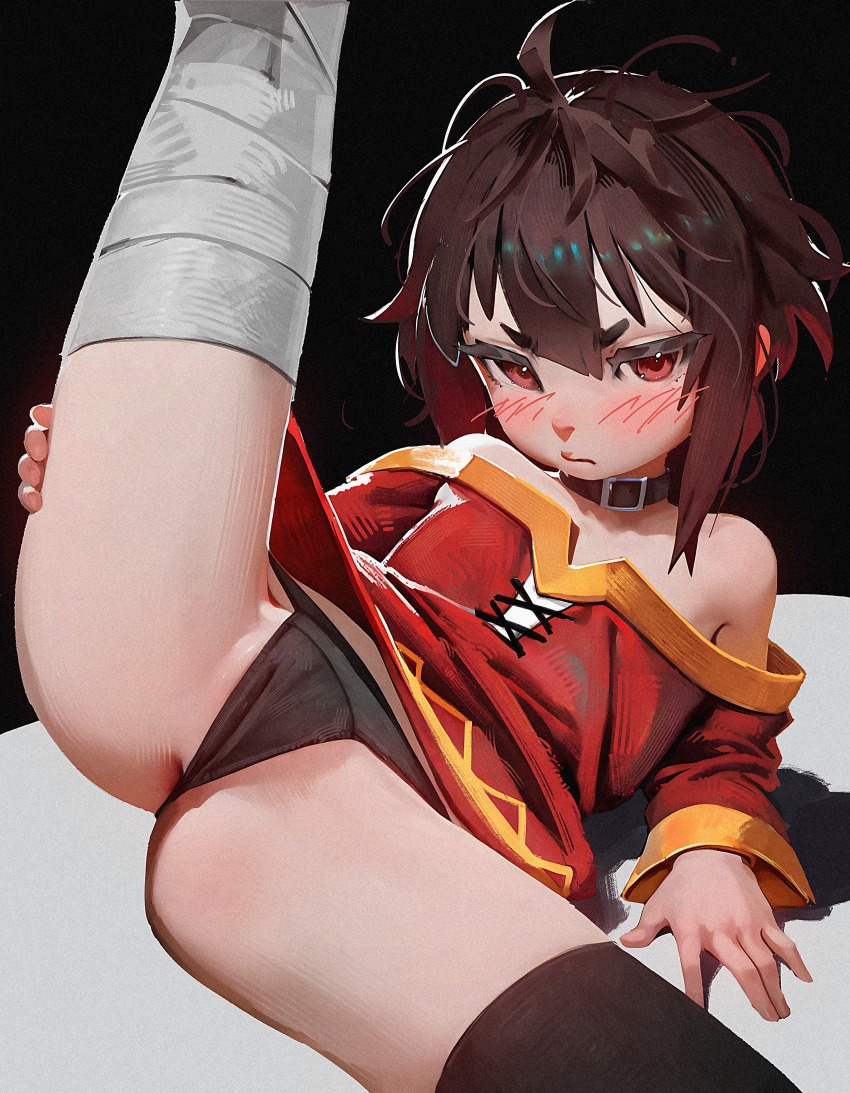 1girl absurdres bandaged_leg bandages bare_shoulders bilingual_commentary black_background black_panties black_thighhighs blush brown_hair closed_mouth commentary english_commentary highres huge_filesize kono_subarashii_sekai_ni_shukufuku_wo! leg_up loli looking_at_viewer megumin mixed-language_commentary no_headwear panties red_eyes red_shirt shirt simple_background single_thighhigh sitting solo thighhighs underwear yoko-chan_(mijizukeyoko)