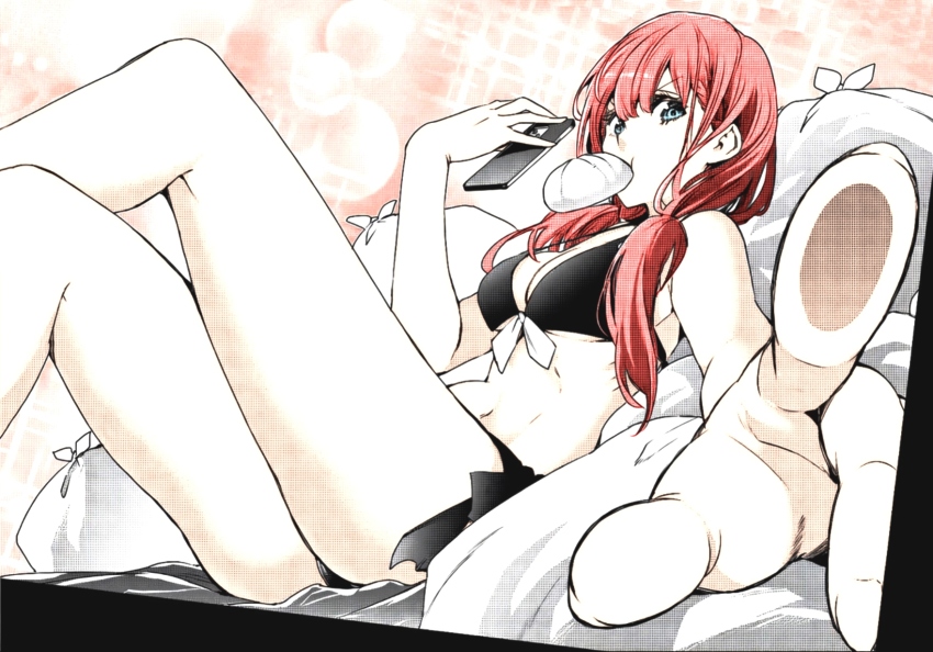 1girl ass bare_shoulders beach bikini black_bikini blue_eyes bokutachi_wa_benkyou_ga_dekinai breasts cellphone cleavage colorized crossed_legs finger_touching food highres kirisu_mafuyu large_breasts legs long_hair looking_at_viewer navel phone pink_hair sitting smartphone solo steamed_bun swimsuit thighs trash trash_bag tsutsui_taishi twintails underboob