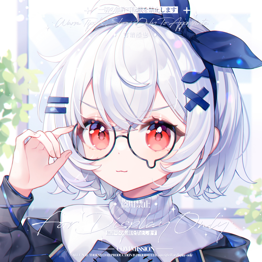 1girl :3 bow commission eyelashes fingernails glasses hair_between_eyes hair_ornament hairband hairclip hairpin highres long_sleeves looking_at_viewer makeup original red_eyes rouge_(makeup) round_eyewear short_hair solo square upper_body watermark yan_an_xi_ye