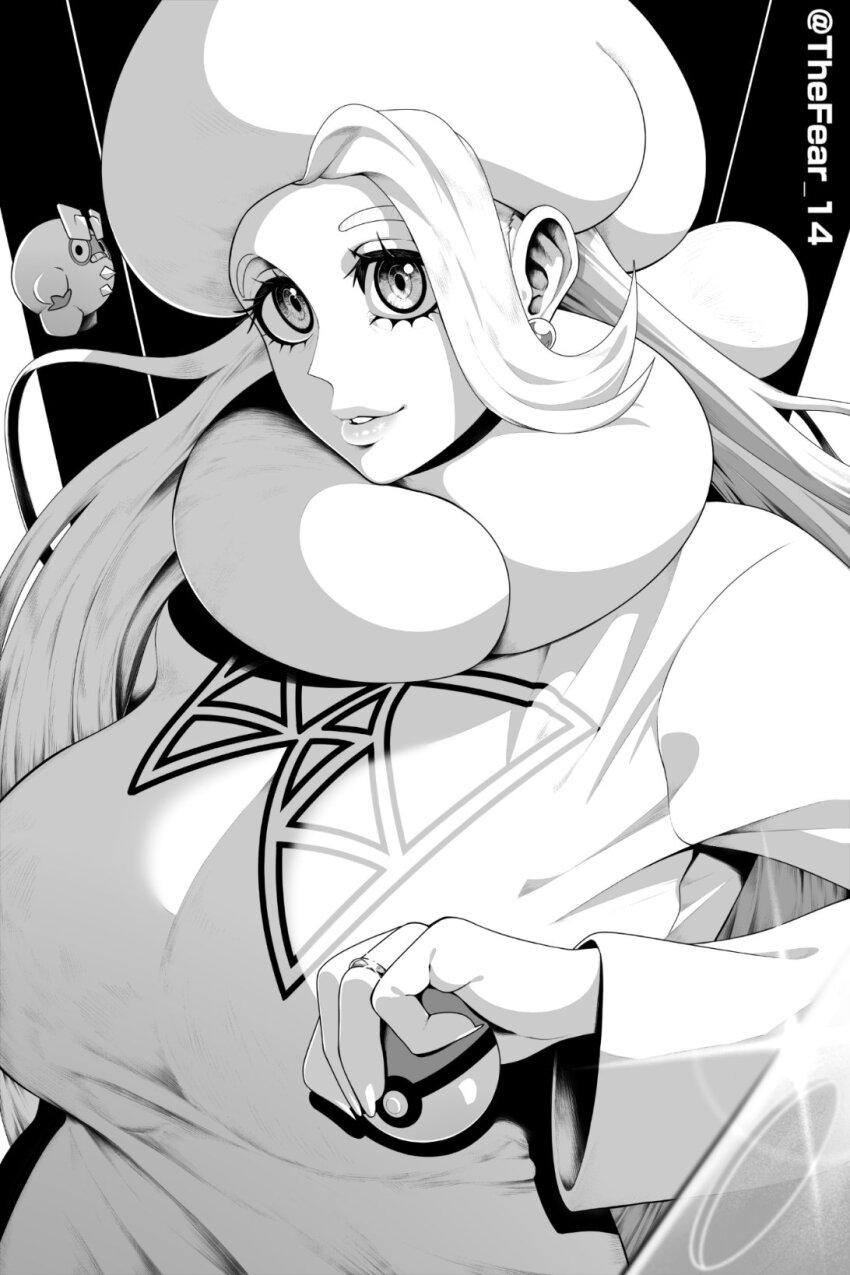 1girl artist_name breasts earrings fur_collar fur_hat galarian_darumaka galarian_form gen_8_pokemon hat highres holding holding_poke_ball huge_breasts jewelry large_breasts long_hair mantis-f mature_female melony_(pokemon) monochrome nintendo pearl_earrings plump poke_ball pokemon pokemon_swsh ring smile solo_focus spanish_commentary sweater ushanka wedding_ring