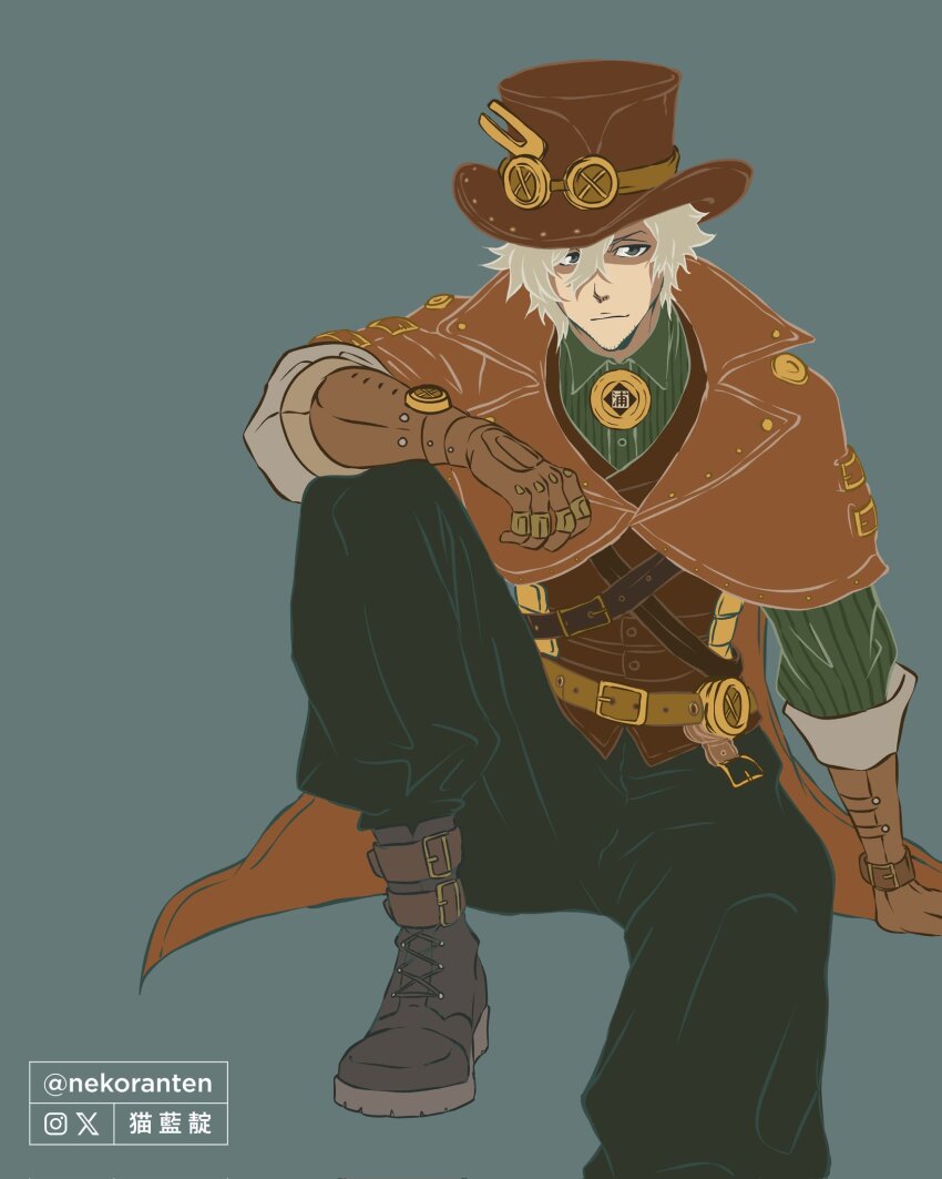 1boy belt black_pants bleach boots brown_boots brown_cape brown_gloves brown_hat cape commentary elbow_gloves english_commentary gloves grey_eyes grey_hair hair_between_eyes hat highres male_focus nekoranten pants sitting solo top_hat twitter_username urahara_kisuke