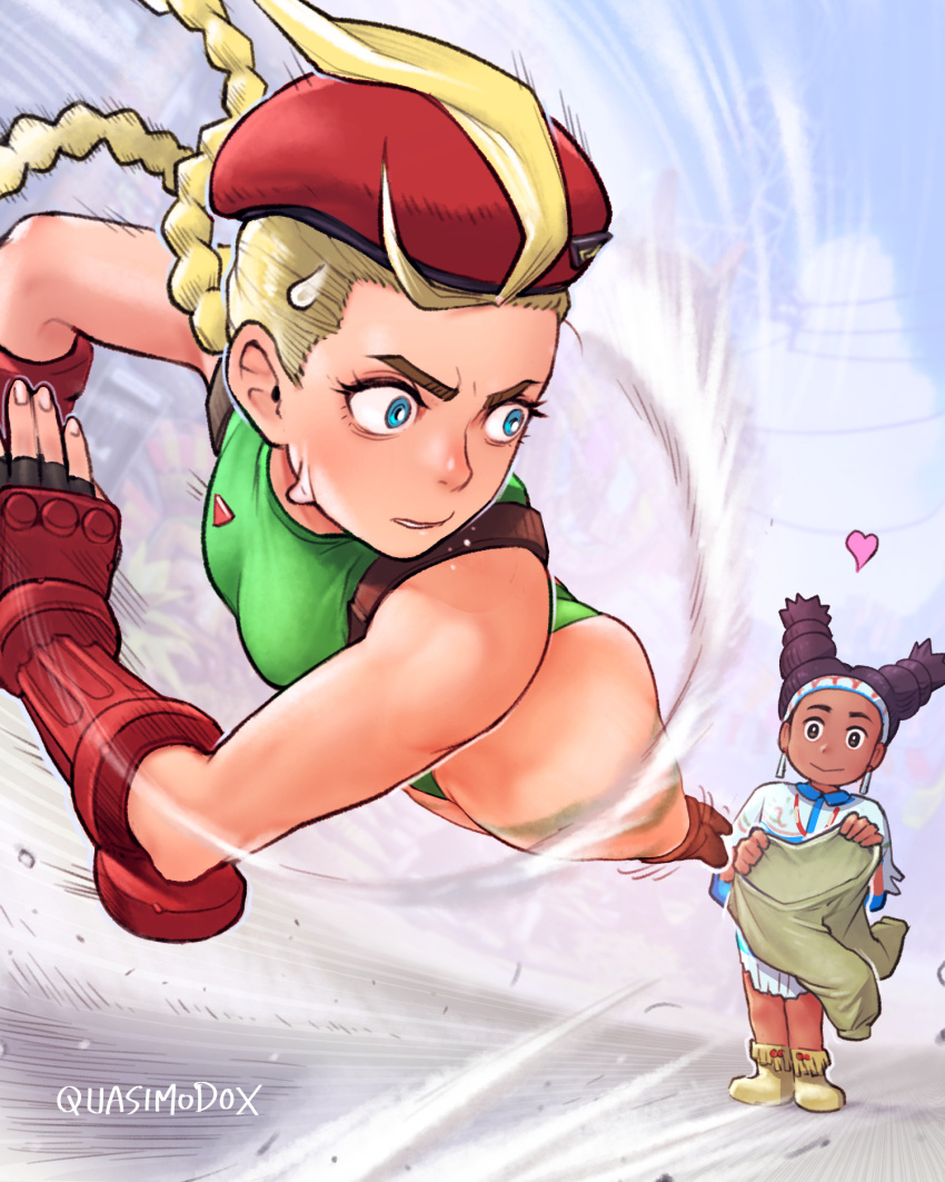 2girls :> ass attack bare_shoulders beret black_hair blonde_hair blue_eyes braid cammy_white capcom commentary curvy dark-skinned_female dark_skin dressing_another english_commentary feet full_body green_leotard hat highleg highleg_leotard highres holding_pants huge_ass jumping kicking leotard lily_hawk lips looking_at_another low_twin_braids midair motion_lines multiple_girls nervous_sweating pants poncho pun quasimodox red_hat shiny_skin smile street_fighter street_fighter_6 surprised sweat sweatdrop twin_braids twintails unworn_pants wide_hips wind