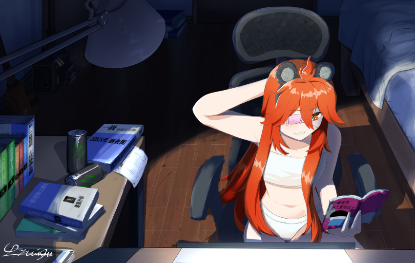 1girl ahoge animal_ears bare_shoulders bear_ears breasts commentary_request crop_top eyepatch fake_animal_ears gloves hair_between_eyes hair_ornament highres holding koleda_belobog long_hair naizu1123 red_eyes red_hair solo sphere_hair_ornament twintails zenless_zone_zero