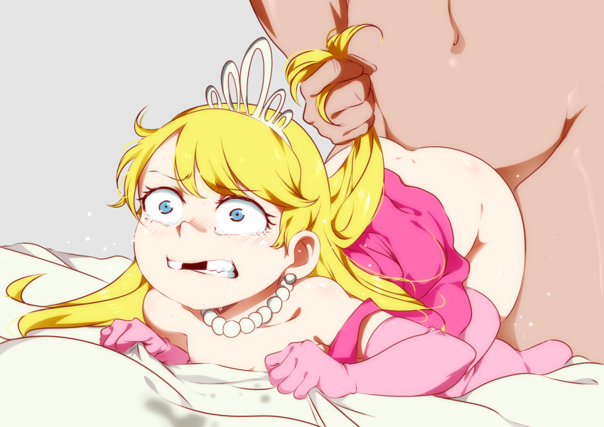 1boy 1girl age_difference all_fours anal ass bare_shoulders bed_sheet blonde_hair blue_eyes blush bottomless clenched_hands clenched_teeth clothed_female_nude_male clothed_sex clothes_lift collarbone constricted_pupils crown dimples_of_venus doggystyle dress dress_lift elbow_gloves eyelashes flat_chest gloves grabbing_another's_hair hair_pulled_back hetero holding_another's_hair jcm2 jewelry lola_loud loli long_hair looking_at_viewer missing_tooth necklace nipples no_shoes nose nude pearl_necklace pink_dress pink_gloves pink_thighhighs sex sex_from_behind sheet_grab shiny_skin simple_background size_difference skindentation solo_focus strap_slip tears teeth the_loud_house thighhighs tiara wide-eyed