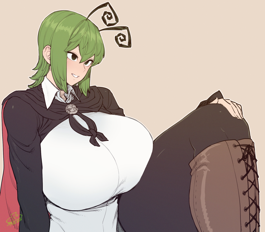 aged_up antennae black_cape boots breasts brown_boots cape collared_shirt cross-laced_footwear denim denim_shorts highres huge_breasts pantyhose shirt short_hair shorts sidelocks smile spacezin thick_thighs thigh_boots thighs touhou white_shirt wriggle_nightbug