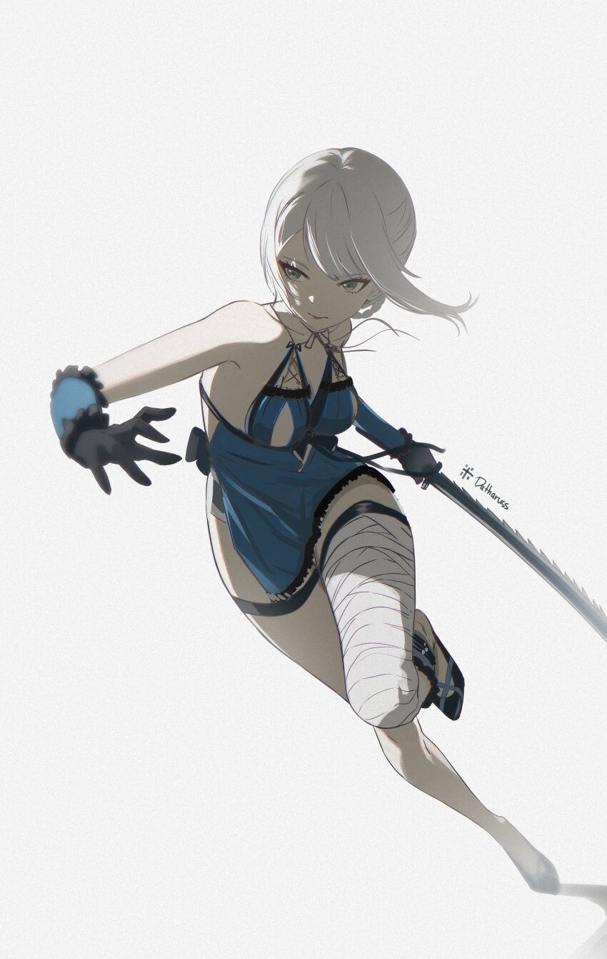 1girl absurdres bandaged_leg bandages black_gloves braid braided_hair_rings breasts closed_mouth collarbone datharuss eyelashes eyeshadow floating_hair full_body gloves grey_hair hair_rings hashtag-only_commentary highres holding holding_sword holding_weapon kaine_(nier) lingerie makeup medium_breasts negligee nier nier_(series) red_eyeshadow simple_background solo sword underwear weapon white_background