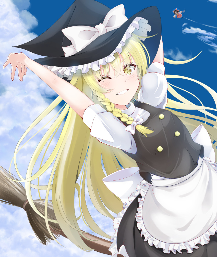 2girls apron back_bow black_hat black_skirt black_vest blonde_hair blue_sky blush bow braid broom broom_riding cloud commentary_request day detached_sleeves floating gohei grin hair_bow hakurei_reimu hat hat_bow highres holding holding_gohei kirisame_marisa long_hair looking_at_viewer multiple_girls one_eye_closed outdoors puffy_short_sleeves puffy_sleeves red_bow red_skirt ringo002 short_sleeves side_braid single_braid skirt skirt_set sky smile solo_focus touhou very_long_hair vest waist_apron white_apron white_bow witch_hat yellow_eyes