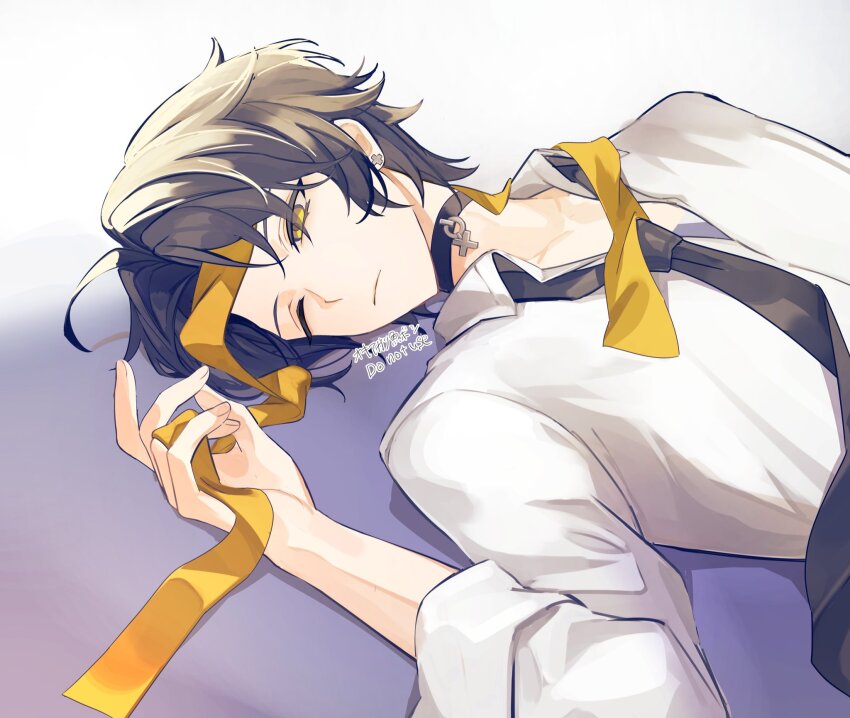 1boy ahoge asaba_harumasa black_choker black_hair black_necktie choker closed_mouth collarbone collared_shirt commentary_request earrings hand_up headband highres jewelry long_sleeves looking_to_the_side lying male_focus necktie okkobc on_back one_eye_closed parted_bangs shirt short_hair sleeves_rolled_up solo watermark white_shirt yellow_eyes yellow_headband zenless_zone_zero