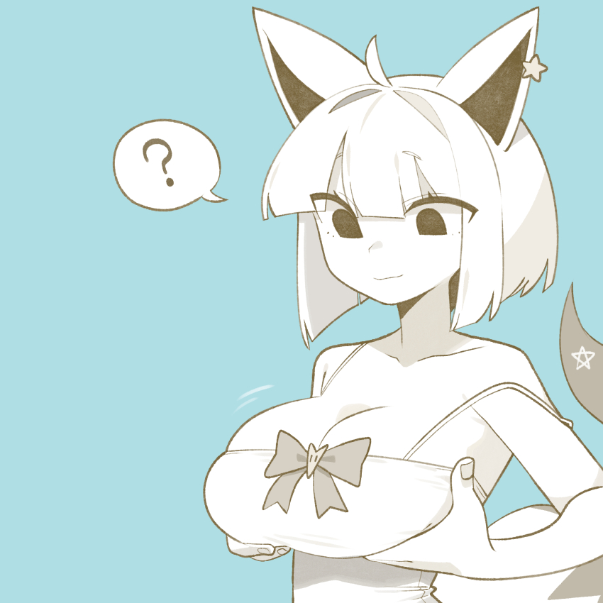 1girl ? ahoge alternate_breast_size_(larger) animal_ears bare_shoulders bow breast_lift camisole cocomayo29_(tomato) collarbone commentary_request fox_ears fox_girl fox_tail greyscale_with_colored_background highres hololive korean_commentary medium_hair pentagram shirakami_fubuki simple_background solo speech_bubble star_(symbol) strap_slip tail upper_body virtual_youtuber