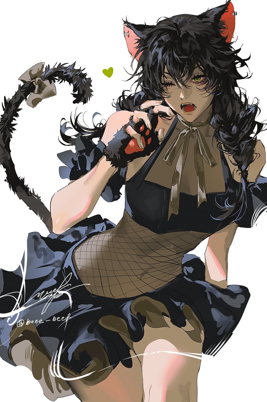 1girl animal_ears animal_hands black_bra black_hair black_skirt bow bra braid breasts brown_ribbon cat_ears cat_paws cat_tail choker covered_navel cropped_legs detached_sleeves ear_piercing english_text fangs fishnet_top fishnets green_eyes heart highres long_hair one_eye_closed original piercing pleated_skirt ribbon ribbon_choker simple_background skirt small_breasts solo solo_focus tail thick_eyelashes underwear volff white_background