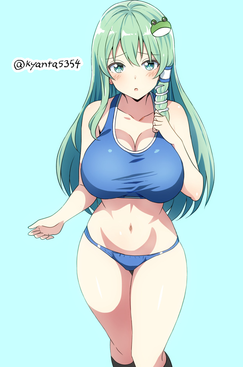 1girl alternate_costume blue_background blue_buruma blue_sports_bra blush breasts buruma cleavage collarbone commentary_request frog_hair_ornament green_eyes green_hair hair_ornament hair_tubes highres kochiya_sanae kyanta5354 looking_at_viewer midriff navel open_mouth simple_background single_hair_tube snake_hair_ornament solo sports_bra thighs touhou twitter_username