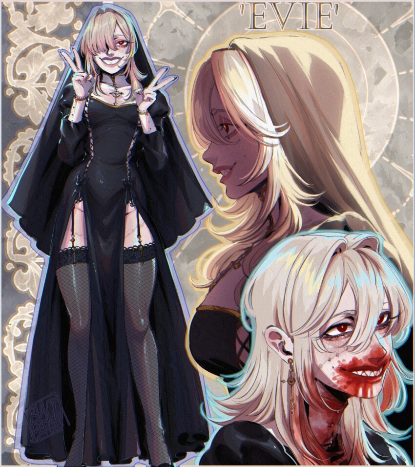 1girl black_dress black_veil blackberreh-art blonde_hair blood blood_on_face breasts commentary cross dress english_commentary fishnet_thighhighs fishnets grin hair_between_eyes hair_intakes halo highres lips long_hair long_sleeves nun original pelvic_curtain side_slit smile thighhighs v veil
