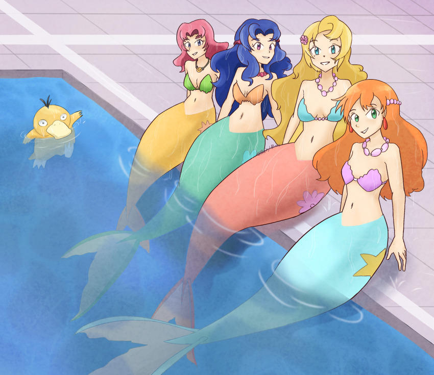4girls alternate_hairstyle ayame_(pokemon) bead_necklace beads berylblues bikini bikini_top_only blonde_hair blue_eyes blue_hair breasts cleavage earrings gem gen_1_pokemon green_bikini green_eyes grin hair_down hair_ornament jewelry lily_(pokemon) long_hair looking_at_viewer medium_breasts mermaid mermaid_misty_(pokemon) misty_(pokemon) monster_girl monsterification multiple_girls navel necklace nintendo orange_hair partially_submerged pearl_(gemstone) pearl_necklace pink_hair pokemon pokemon_(anime) pokemon_(classic_anime) pool poolside psyduck purple_eyes red_hair ripples sakura_(pokemon) scales seashell shell shell_bikini short_hair sitting small_breasts smile swimsuit tile_floor tiles underwater violet_(pokemon) water wavy_hair