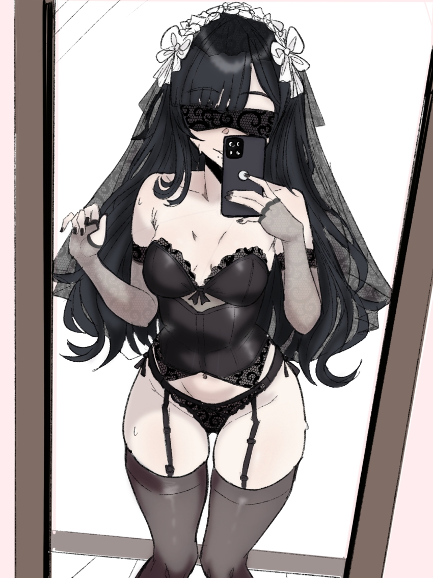 1girl black_hair black_panties black_thighhighs black_veil blindfold breasts bridal_gauntlets bridal_lingerie commentary commission english_commentary eyebrows_hidden_by_hair garter_belt groin hair_between_eyes highres holding holding_phone johnnyjo0 lingerie long_hair medium_breasts midriff mirror_selfie navel open_mouth original panties phone selfie smile solo sweat thighhighs underwear veil