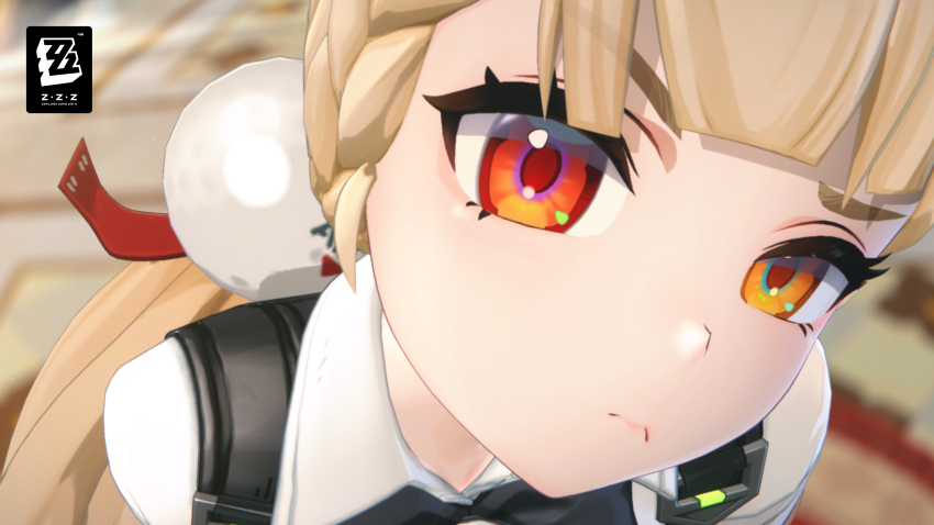 >:( 1girl 3d absurdres alice_thymefield blonde_hair braid close-up frown hair_ornament heterochromia highres long_hair looking_at_viewer multicolored_eyes official_art official_wallpaper rabbit_girl red_eyes solo sphere_hair_ornament v-shaped_eyebrows watermark yellow_eyes zenless_zone_zero