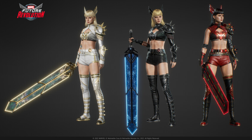 1girl 3d absurdres armor black_boots black_gloves black_hair black_shirt black_shorts blonde_hair blue_eyes boots breasts cleavage cleavage_cutout clothing_cutout company_name copyright_logo copyright_notice full_body gloves grey_background highres holding holding_sword holding_weapon lips logo long_hair magik_(x-men) marvel marvel_future_revolution minsu_kim multiple_views navel pauldrons red_boots red_shirt red_shorts shirt shorts shoulder_armor simple_background solo spiked_pauldrons spikes sword thigh_boots turnaround upper_body weapon white_boots white_shirt white_shorts x-men
