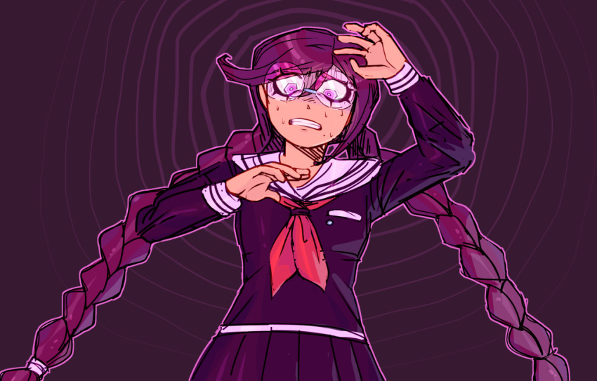 1girl arm_up breast_pocket collared_shirt commentary danganronpa:_trigger_happy_havoc danganronpa_(series) english_commentary eyelashes fukawa_toko glasses hair_between_eyes long_sleeves monavat neckerchief nervous_sweating outline pocket puple_skirt purple_background purple_eyes purple_hair purple_outline purple_serafuku purple_shirt red_neckerchief round_eyewear sailor_collar scared school_uniform serafuku shirt skirt skirt_set solo sweat third-party_source upper_body white_sailor_collar
