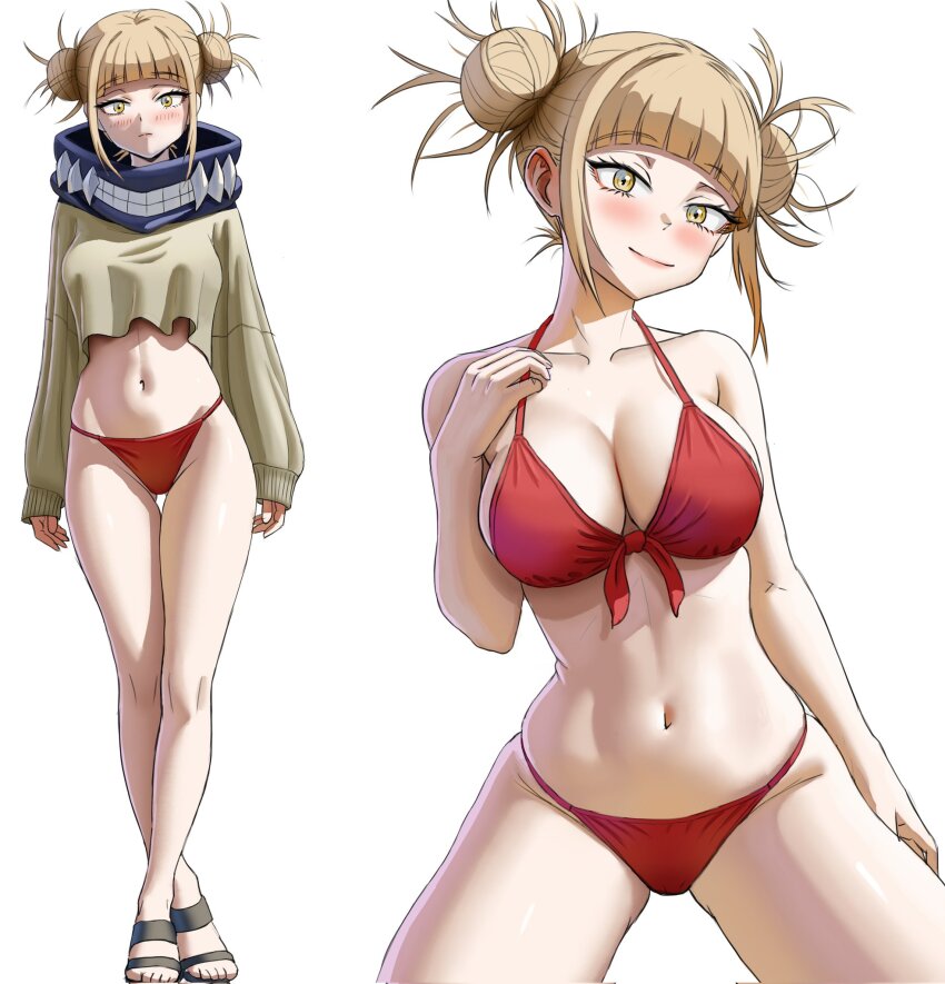 1girl adapted_costume anime_coloring bikini blonde_hair blunt_bangs blush boku_no_hero_academia breasts cleavage closed_mouth collarbone commentary cowboy_shot cropped_sweater different_zoom_layer double_bun english_commentary front-tie_bikini_top front-tie_top full_body gluteal_fold grey_sweater groin hair_bun halterneck hand_on_own_chest hand_up highres josival large_breasts long_sleeves messy_hair multiple_views navel paid_reward_available red_bikini revision sandals short_hair simple_background standing string_bikini sweater swimsuit thigh_gap thighs toga_himiko white_background yellow_eyes