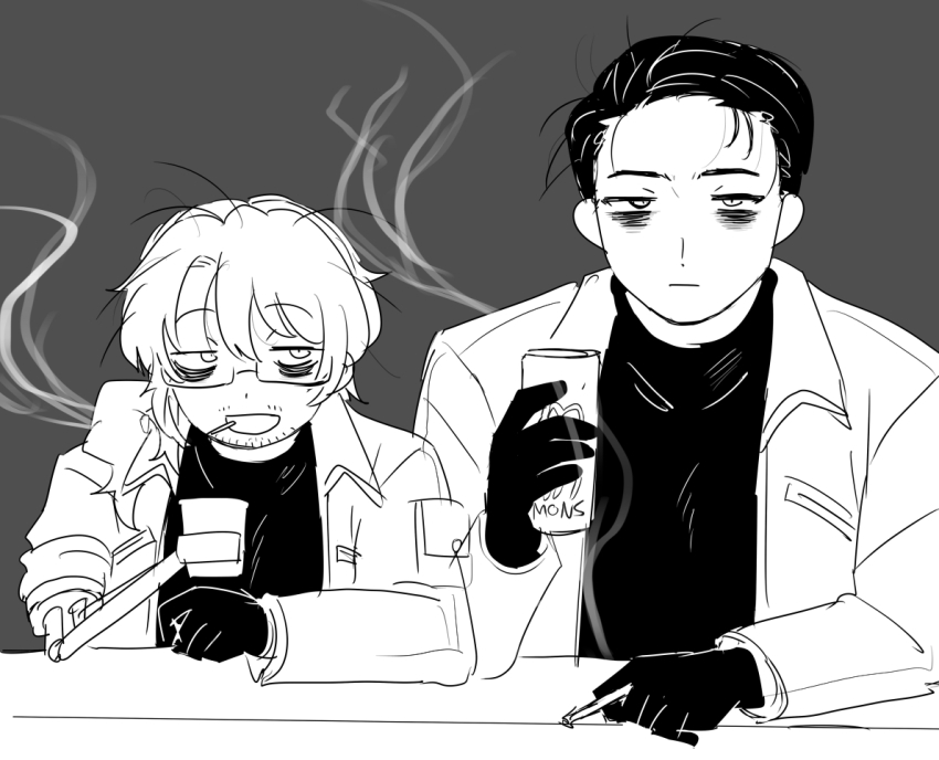 2boys :| amputee asymmetrical_sleeves bags_under_eyes beard_stubble black_gloves black_hair black_sweater blank_eyes breast_pocket can cigarette closed_mouth coffee coffee_mug collared_jacket cup drink expressionless facial_hair glasses gloves gregor_(project_moon) grey_background greyscale hair_between_eyes hair_over_shoulder hair_slicked_back half-closed_eyes high_collar highres holding holding_can holding_cigarette holding_cup jacket jitome joints kikkoinu limbus_company long_hair long_sleeves looking_at_another looking_at_viewer looking_to_the_side loose_hair_strand low_ponytail male_focus mechanical_arms messy_hair meursault_(project_moon) military military_uniform monochrome monster_energy mug multiple_boys open_clothes open_jacket open_mouth parted_bangs pocket ponytail project_moon prosthesis prosthetic_arm raised_eyebrow sanpaku semi-rimless_eyewear short_hair shoulder_pouch sideways_glance simple_background single_glove single_mechanical_arm sleeves_rolled_up smile smoke smoking steam steaming_cup stubble sweater table turtleneck turtleneck_sweater under-rim_eyewear upper_body