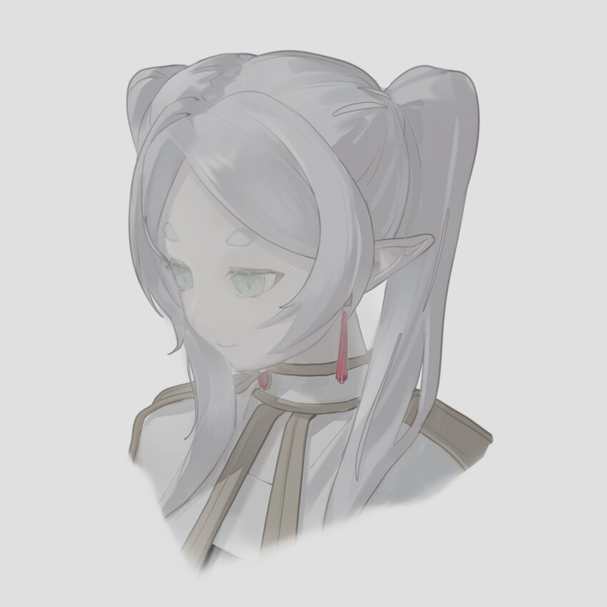 1girl capelet cropped_shoulders earrings elf frieren gold_trim green_eyes grey_hair hair_over_shoulder highres jewelry long_pointy_ears looking_down meilan777 muted_color parted_bangs pointy_ears simple_background smile solo sousou_no_frieren teardrop_earrings thick_eyebrows twintails upper_body white_background white_capelet