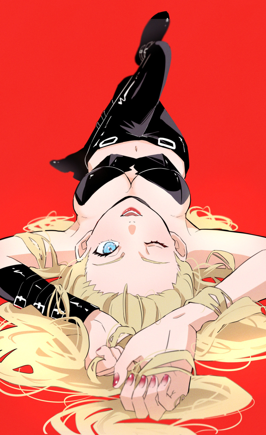 1girl ;d aonano_db aqua_eyes black_pants black_shoes blonde_hair breasts cleavage devil_may_cry_(series) devil_may_cry_5 hair_spread_out highres leather leather_pants long_hair lower_teeth_only lying medium_breasts midriff nail_polish navel on_back one_eye_closed open_mouth pants red_background red_lips red_nails shoes simple_background smile solo teeth trish_(devil_may_cry) upside-down