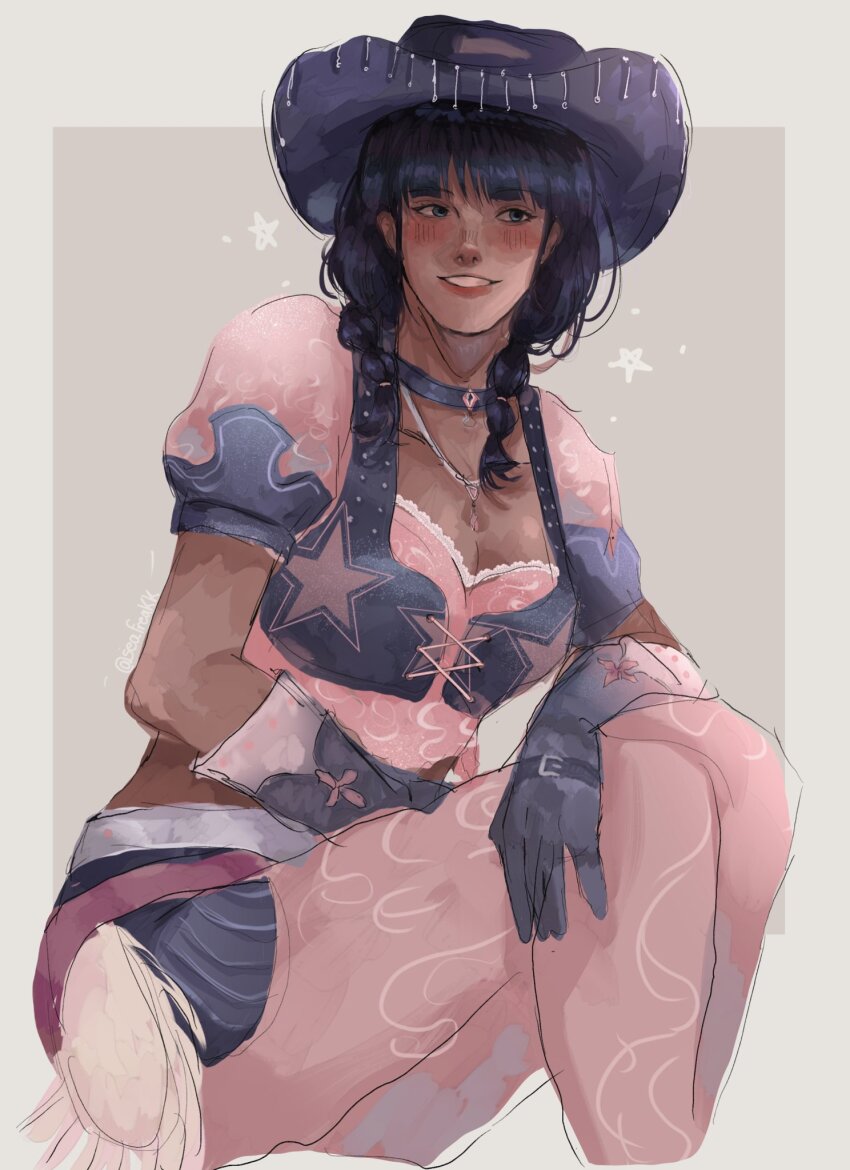 1girl black_hair blunt_bangs blush braid braided_twintails choker commentary cowboy_hat cross-laced_clothes english_commentary gloves hat highres jewelry looking_to_the_side necklace nico_robin one_piece pantyhose puffy_short_sleeves puffy_sleeves seafreakk short_sleeves sitting smile solo star_(sky)