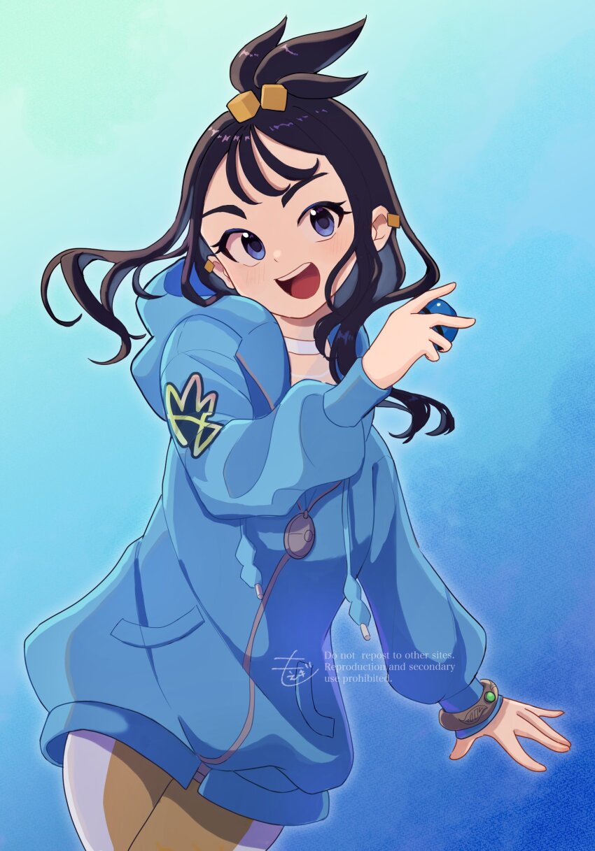 1girl black_hair blue_hoodie blush breasts choker commentary_request cube_hair_ornament dive_ball earclip grey_eyes hair_ornament highres holding holding_poke_ball hood hood_down hoodie jacket leggings lida_(pokemon) long_hair long_sleeves looking_at_viewer mega_ring moegi_itsukashi nintendo open_mouth orange_leggings poke_ball pokemon pokemon_legends:_z-a smile solo teeth topknot two-tone_legwear upper_teeth_only white_choker wispy_bangs