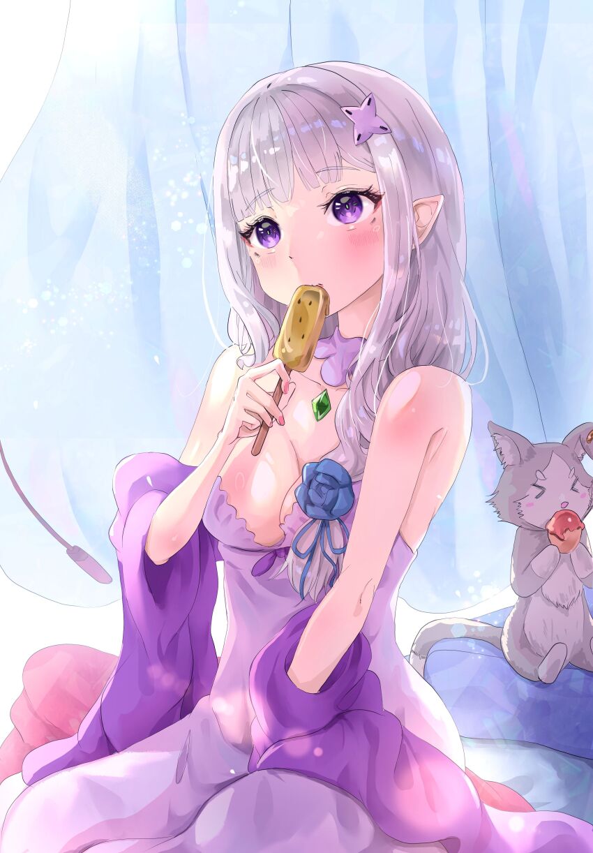 1girl absurdres alternate_costume alternate_hairstyle bare_shoulders blunt_bangs breasts cat chest_jewel cleavage collar collarbone commentary_request curtains detached_collar elf emilia_(re:zero) gem green_gem grey_hair hair_ornament highres justjast long_hair looking_at_viewer medium_breasts nightgown pink_nightgown pointy_ears puck_(re:zero) purple_collar purple_eyes re:zero_kara_hajimeru_isekai_seikatsu sitting solo x_hair_ornament