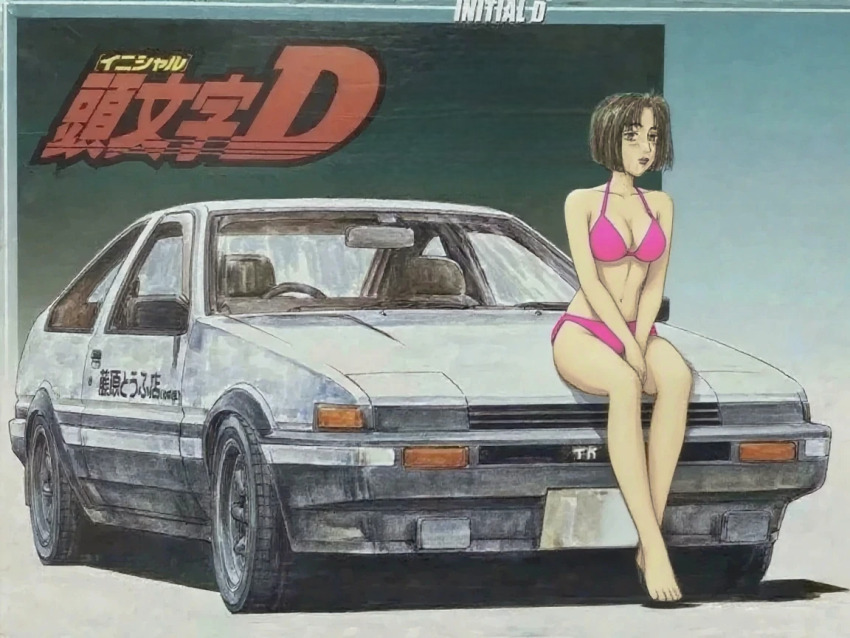 1girl ae86 alternate_costume belly bikini blunt_bangs bob_cut bra breasts brown_eyes brown_hair car cosplay crop_top fujiwara_takumi's_toyota_trueno_ae86 high_boots high_heels initial_d lipstick makeup medium_breasts midriff mogi_natsuki motor_vehicle official_art panties pink_bikini pink_bra pink_panties race_queen race_track race_vehicle racecar racetrack sandals shigeno_shuuichi short_hair swimsuit thighs third-party_edit toyota toyota_sprinter_trueno underwear