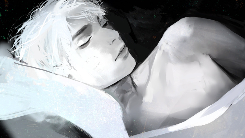 1boy aegyo_sal angela_he black_background closed_eyes expressionless facing_viewer game_cg greyscale head_on_pillow highres i_woke_up_next_to_you_again large_variant_set looking_at_viewer lying male_focus monochrome non-web_source official_art on_side painterly pillow short_hair simple_background toned toned_male under_covers upper_body variant_set white_hair