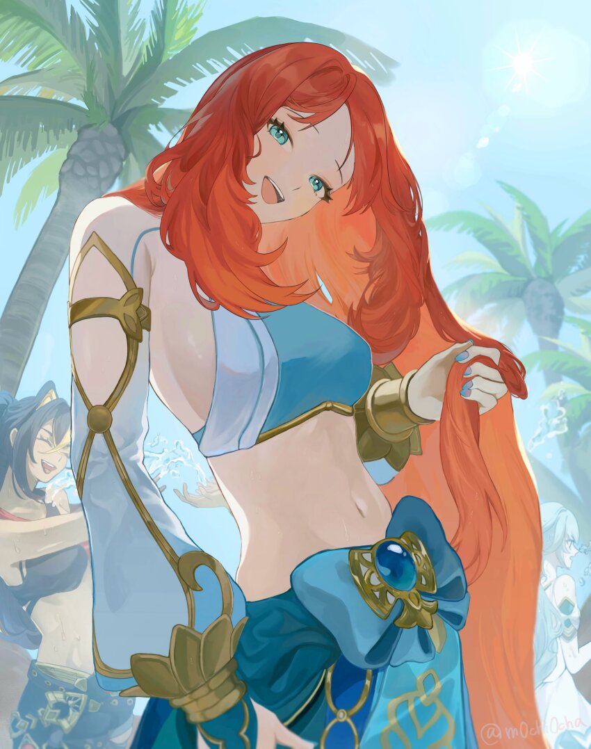 3girls :d alternate_hairstyle black_hair blue_eyes blue_nails blue_skirt breasts commentary_request dehya_(genshin_impact) detached_sleeves faruzan_(genshin_impact) genshin_impact highres long_hair looking_at_viewer medium_breasts midriff mochimochi_ocha multiple_girls navel nilou_(genshin_impact) no_headwear open_mouth palm_tree red_hair skirt smile solo_focus tree very_long_hair