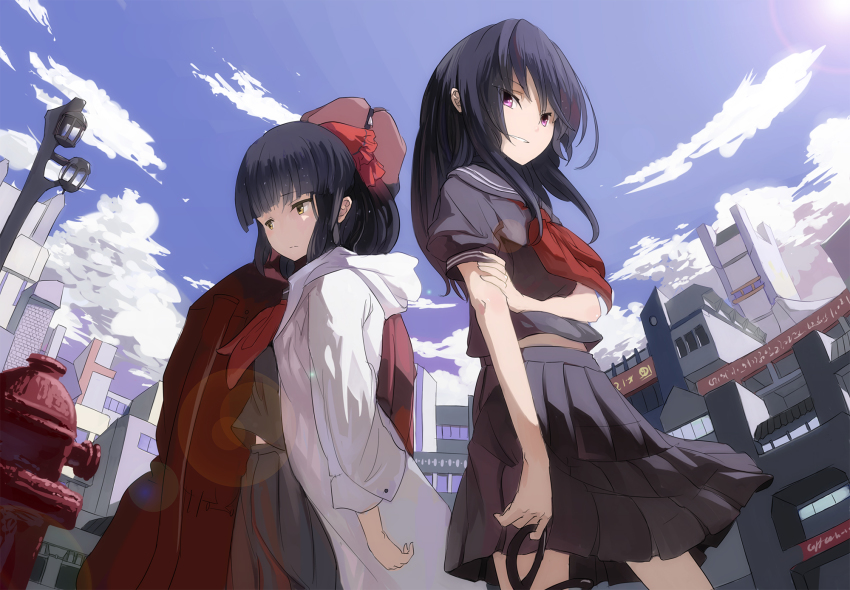 2girls black_hair blue_sky blunt_bangs cloud day fire_hydrant highres hood hooded_jacket jacket long_hair looking_at_viewer multiple_girls original pleated_skirt purple_eyes school_uniform serafuku skirt sky undeedking yellow_eyes