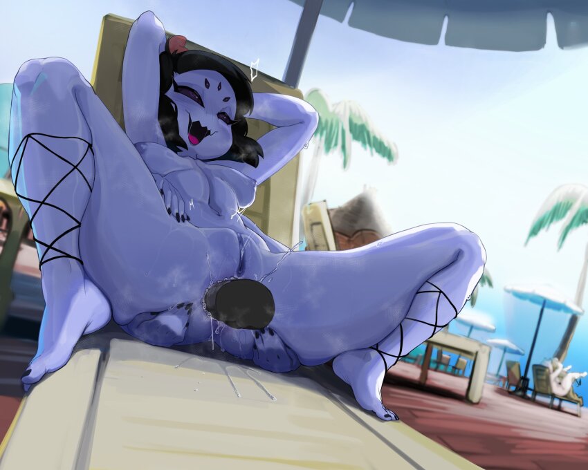 1boy 2girls anal arms_behind_head arthropod_girl beach_umbrella black_hair black_nails breasts chair colored_sclera colored_skin disembodied_penis extra_arms extra_eyes fangs goat_girl highres insect_girl light_blush lounge_chair mdthetest monster_girl muffet multiple_girls navel nude on_chair open_mouth palm_tree penis purple_skin pussy rolling_eyes saliva skin_fangs spider_girl spread_legs steaming_body sweat toriel tree umbrella undertale utdr_(toby_fox)