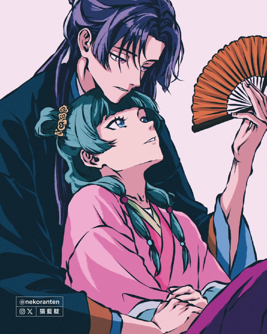 1boy 1girl absurdres aqua_eyes aqua_hair chinese_clothes commentary folding_fan hand_fan hanfu hashtag-only_commentary height_difference hetero highres holding holding_fan jinshi_(kusuriya_no_hitorigoto) kusuriya_no_hitorigoto looking_down looking_up maomao_(kusuriya_no_hitorigoto) nekoranten pink_hanfu purple_eyes purple_hair sitting sitting_on_lap sitting_on_person twitter_username watermark