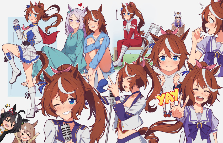 >_< 2girls 5girls absurdres animal_ears aqua_bow ascot asymmetrical_gloves bandaged_foot bandaged_leg bandages barefoot black_gloves blue_dress blue_eyes blue_jacket blue_shorts blue_skirt blunt_bangs blush boots bow bowtie breasts brown_hair cape choker closed_eyes closed_mouth collarbone commentary_request corset crutch dress ear_bow ear_ribbon epaulettes gloves gold_ship_(umamusume) grey_hair grin hair_between_eyes hat heart high_ponytail highres holding holding_microphone holding_microphone_stand holding_sack horse_ears horse_girl horse_tail injury jacket kitasan_black_(umamusume) layered_sleeves long_hair long_sleeves looking_at_viewer mask mejiro_mcqueen_(umamusume) microphone microphone_stand midriff mismatched_gloves mouth_mask multicolored_hair multicolored_jacket multiple_girls music navel official_alternate_costume one_eye_closed open_mouth outstretched_arms overskirt pants pillbox_hat pink_ascot ponytail pout puffy_short_sleeves puffy_sleeves purple_bow purple_bowtie purple_choker purple_eyes purple_hair purple_shirt red_cape red_corset red_jacket red_pants red_track_suit sack sailor_collar sailor_shirt satono_diamond_(umamusume) school_uniform shirt shoes short_over_long_sleeves short_sleeves shorts simple_background singing sitting skirt smile snow_hawkeye socks starting_future_(umamusume) streaked_hair sunglasses sweat tail teeth tokai_teio_(peak_joy)_(umamusume) tokai_teio_(umamusume) tracen_school_uniform tracen_training_uniform track_jacket track_pants track_suit two-tone_hair two-tone_jacket two-tone_skirt umamusume upper_body upper_teeth_only v white_background white_boots white_gloves white_hair white_jacket white_sailor_collar white_shirt white_skirt white_socks