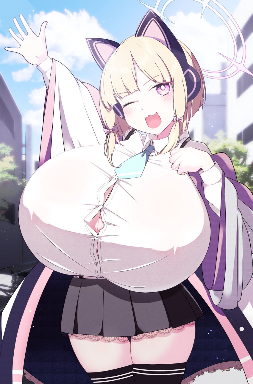 1girl :3 animal_ears black_skirt black_thighhighs blonde_hair blue_archive blush border breasts button_gap cat_ears cloud day dot_nose fake_animal_ears female_focus hair_ribbon halo headphones huge_breasts kuyu730 looking_at_viewer momoi_(blue_archive) necktie one_eye_closed open_mouth oppai_loli outdoors outline pale_skin pink_background pink_ribbon ribbon shiny_skin shirt short_hair short_necktie sidelocks skirt sky smile solo thighhighs white_border white_outline white_shirt wide_sleeves wink zettai_ryouiki