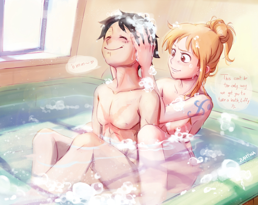 1boy 1girl artist_name bath bathing bathroom black_hair breasts brown_eyes closed_mouth collarbone commentary completely_nude cross_scar english_commentary english_text facial_scar feet_out_of_frame hair_bun hair_up hands_in_another&#039;s_hair highres indoors long_hair looking_at_another medium_breasts monkey_d._luffy nami_(one_piece) nipples nude one_piece orange_hair parted_lips partially_submerged pectorals scar scar_on_cheek scar_on_chest scar_on_face shampoo shared_bathing short_hair shoulder_tattoo single_sidelock sitting sitting_between_lap smile soap soap_bubbles speech_bubble tattoo washing_another washing_hair water wet zantinaa