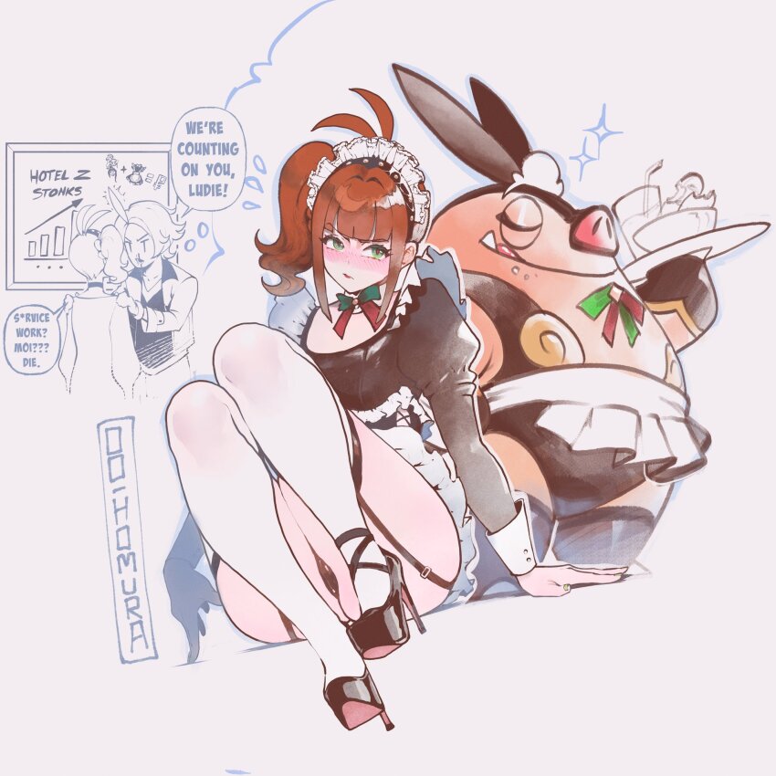 1boy 1girl alternate_costume annoyed antenna_hair apron ass black_panties commentary english_commentary enmaided frilled_apron frills high_heels highres imagining long_hair ludivine_(nyantcha) maid maid_apron maid_headdress nintendo nyantcha orange_hair original panties platform_heels platform_shoes pokemon pokemon_(creature) pokemon_legends:_z-a side_ponytail smile speech_bubble stiletto_heels strappy_heels thighs underwear urbain_(pokemon) white_apron