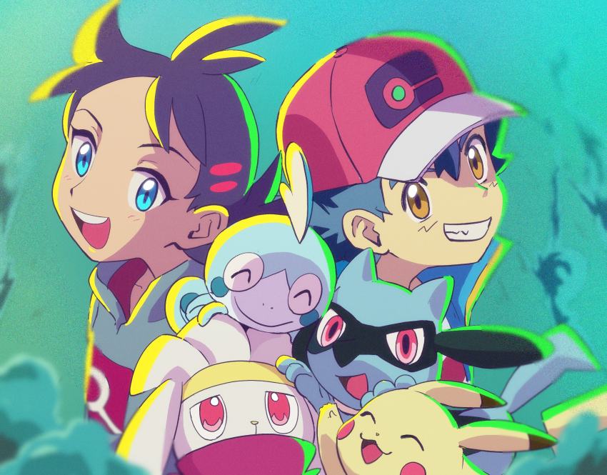 2boys antenna_hair ash_ketchum back-to-back baseball_cap black_hair blue_eyes blue_vest brown_eyes closed_eyes gen_1_pokemon gen_4_pokemon gen_8_pokemon goh_(pokemon) green_background grey_shirt grin hat highres looking_at_viewer multiple_boys nintendo open_mouth pikachu pokemon pokemon_(anime) pokemon_(creature) pokemon_journeys raboot red_headwear riolu shirt short_hair smile sobble spiked_hair teeth upper_body vest