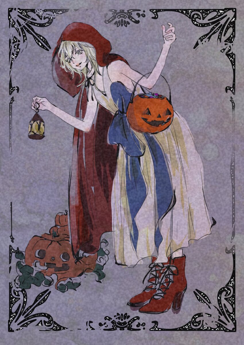 1girl alternate_costume boots border cloak commentary commentary_request english_commentary eyelashes grey_background grey_hair halloween halloween_costume high_heel_boots high_heels highres holding holding_lantern hood hooded_cloak jack-o'-lantern lace-up_boots lantern leaning_forward mixed-language_commentary nier nier_(series) open_mouth ornate_border red_boots red_cloak red_hood ruuu1219 smile trick_or_treat yonah