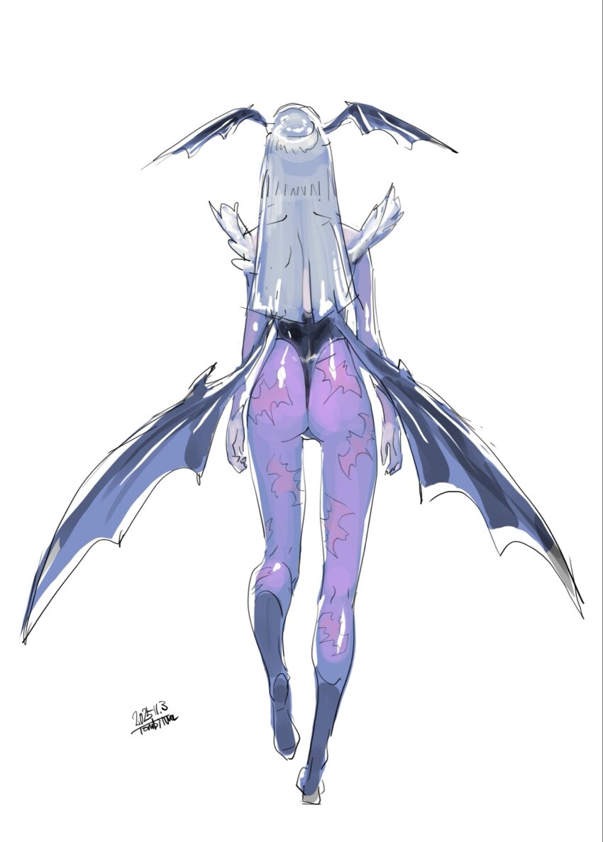 1girl animal_print ass bat_print bat_wings breasts capcom darkstalkers demon_girl green_hair hashtag-only_commentary head_wings highleg highleg_leotard highres large_breasts leotard long_hair morrigan_aensland pantyhose print_pantyhose purple_pantyhose solo tombiiwa wings