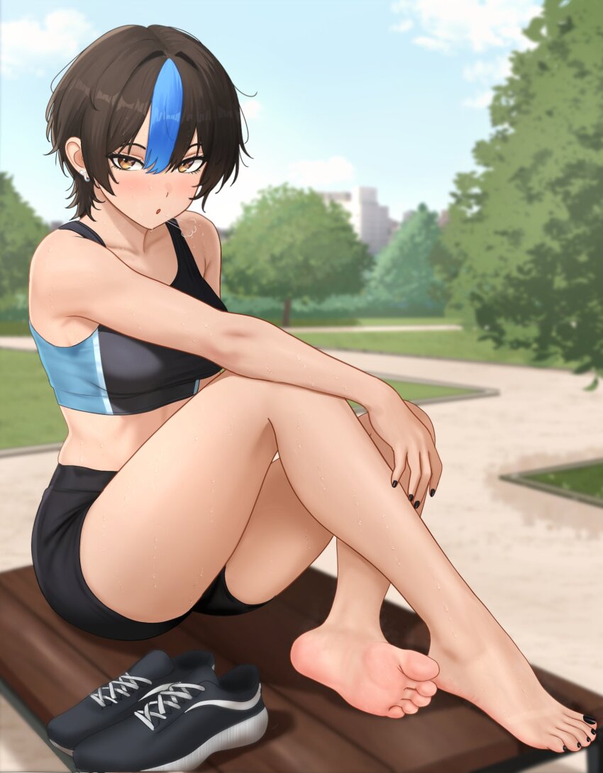 1girl :o arm_rest bare_arms bare_legs bare_shoulders barefoot bench bike_shorts black_hair black_nails black_shoes black_shorts blue_streaks blush breasts brown_eyes collarbone commentary crossed_legs earrings english_commentary feet hair_between_eyes highres jewelry looking_at_viewer medium_breasts messy_hair multicolored_hair nail_polish nihu on_bench original park park_bench puff_of_air shiragi_(nihu) shoes short_hair shorts single_hair_streak sitting soles solo sports_bra streaked_hair sweat thighs toenail_polish toenails toes toned toned_female two-tone_sports_bra unworn_shoes