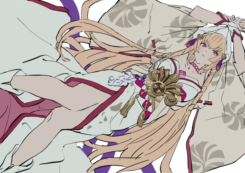 1girl armlet armor armored_dress arms_up bare_legs blonde_hair boots braid breasts brown_hair choker cleavage_cutout closed_mouth clothing_cutout collarbone dress expressionless feather_hair_ornament feathers hair_ornament highlighter_(makeup) highres japanese_clothes jewelry knees_together_feet_apart large_belt light_blush long_hair looking_at_viewer lying makeup medium_breasts multicolored_dress on_back orange_eyes original own_hands_together ozako pink_choker solo twin_braids very_long_hair white_background white_boots white_dress wide_sleeves wrist_guards