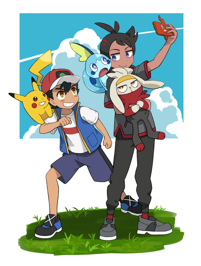 2boys antenna_hair ash_ketchum baseball_cap black_footwear black_hair black_pants blue_eyes blue_footwear blue_vest brown_eyes clenched_hands cloud cloudy_sky dark_skin day eye_contact full_body gen_1_pokemon gen_4_pokemon gen_8_pokemon goh_(pokemon) grass grey_shirt grin hand_up hat highres holding holding_phone holding_pokemon looking_at_another multiple_boys nintendo on_shoulder outdoors pants phone pikachu pokemon pokemon_(anime) pokemon_(creature) pokemon_journeys pokemon_on_shoulder raboot red_headwear rotom rotom_phone shirt shoes short_hair short_sleeves shorts sky smile sobble standing taking_picture vest white_shirt