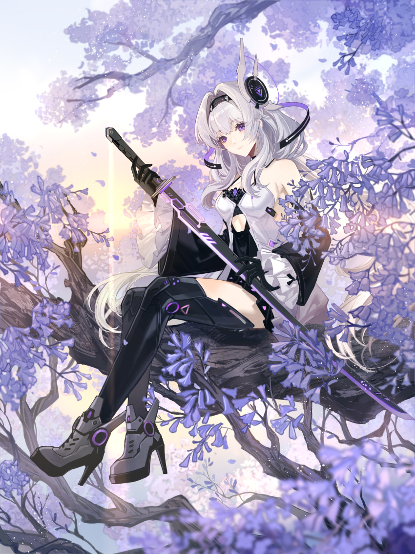 1girl absurdres alicia_(anchor_panic) anchor_panic bare_shoulders black_gloves breasts detached_sleeves gloves grey_hair hairband high_heels highres holding holding_sword holding_weapon katana long_hair medium_breasts official_art purple_eyes senryoko sitting_on_branch solo sword thighhighs weapon