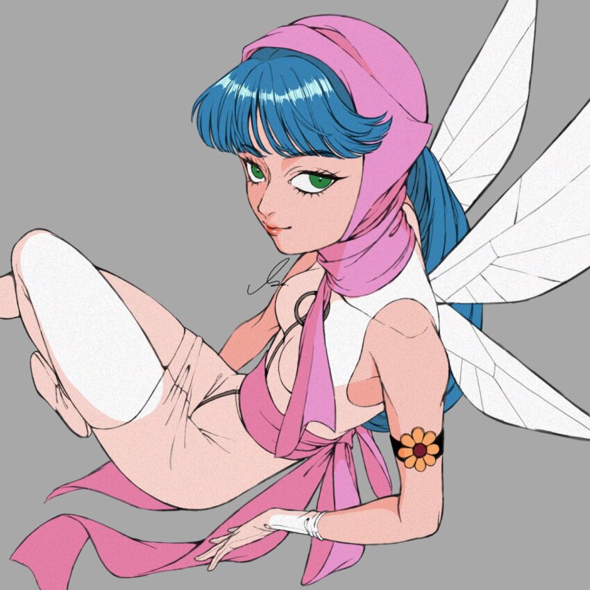 1girl armband artist_name bad_id bad_twitter_id bare_shoulders blue_hair breasts closed_mouth demon_(megami_tensei) devil_summoner_(game) devil_summoner_(series) fairy fairy_wings from_side full-length_zipper gloves green_eyes headscarf highres looking_at_viewer o-ring pantyhose pink_headscarf pink_sash pink_scarf pixie_(megami_tensei) ribbon s_ir_s sash scarf shoes simple_background solo swept_bangs waist_sash white_gloves white_pantyhose white_shoes wings zipper