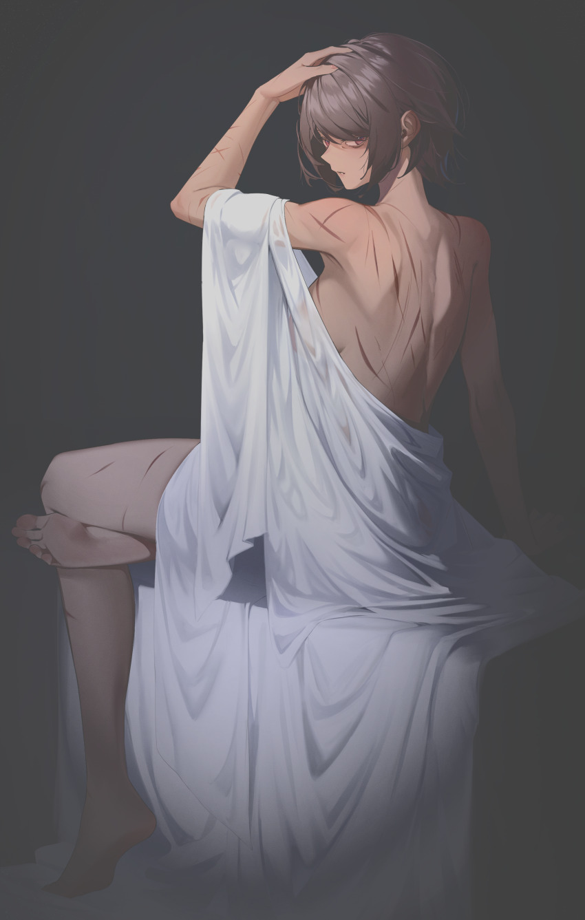 1girl absurdres back breasts brown_hair commentary_request completely_nude hand_on_own_head highres looking_at_viewer medium_breasts nude original pero_(peroneko0510) scar scar_on_arm scar_on_back scar_on_leg scar_on_shoulder short_hair sideboob sideways_glance soles solo toes