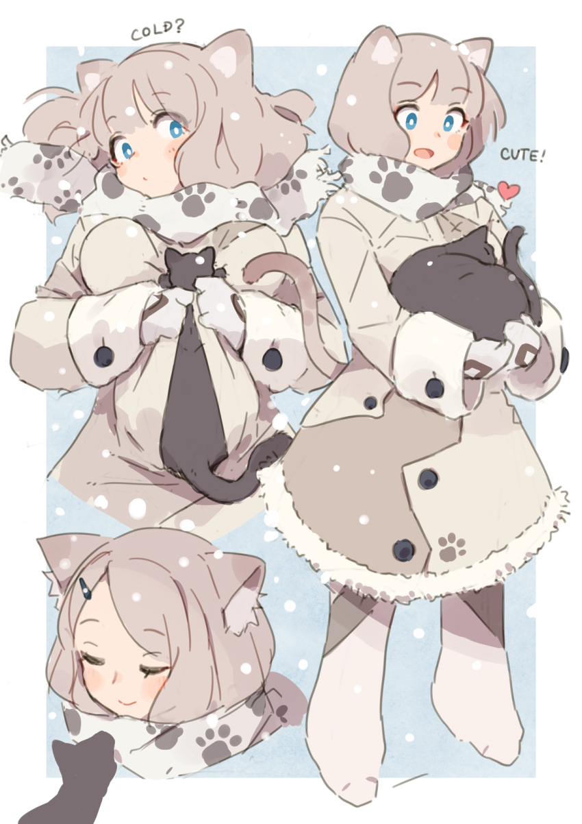 1girl :d animal animal_ears black_cat blue_background blue_eyes blush_stickers boots border breasts bright_pupils cat cat_ears cat_girl cat_tail closed_eyes closed_mouth coat commentary_request full_body fur-trimmed_coat fur_trim grey_hair heart highres holding holding_animal long_sleeves medium_breasts mittens open_mouth original outside_border paw_print print_scarf scarf short_hair smile snowing standing tail tsukudani_yosuke white_boots white_border white_coat white_mittens white_pupils white_scarf