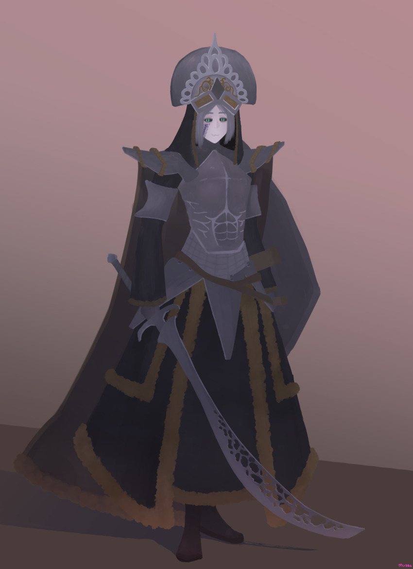 1boy :3 absurdres armor cape centipede_tattoo chainmail concept_art green_eyes highres holding holding_sword holding_weapon knight long_skirt miczal original self-upload shield simple_background skirt standing sword tattoo weapon white_hair