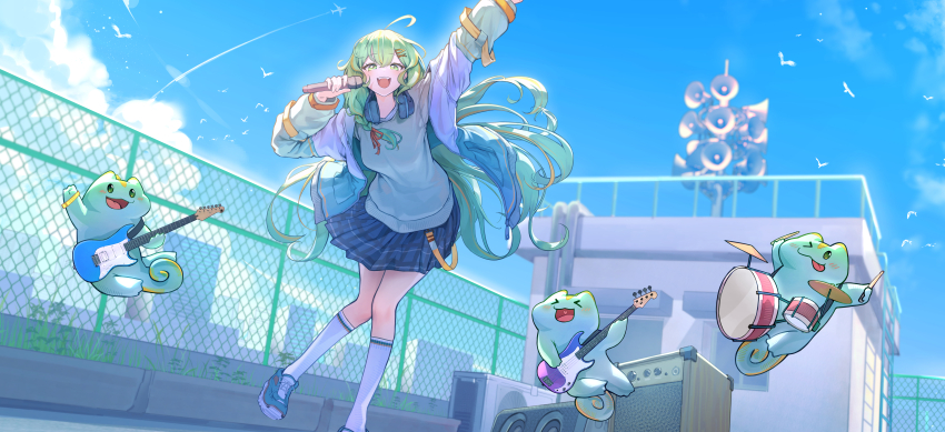 1girl absurdres ahoge bass_guitar blonde_hair blue_skirt blue_sky breasts chogeumbi commentary_request drum drum_set electric_guitar green_eyes green_hair guitar hair_ornament hairpin headphones headphones_around_neck highres horn_speaker indie_virtual_youtuber instrument korean_commentary ky_dako long_hair looking_at_viewer loose_clothes mascot medium_breasts microphone multicolored_hair music official_art on_rooftop original plaid_clothes plaid_skirt pleated_skirt rooftop singing skirt sky socks solo speaker streaked_hair sweater very_long_hair virtual_youtuber white_socks